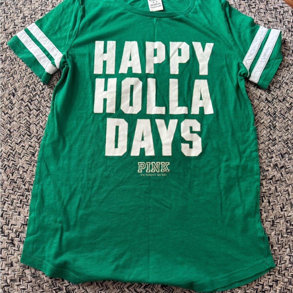 PINK Victoria's Secret Green and White Holiday Tee